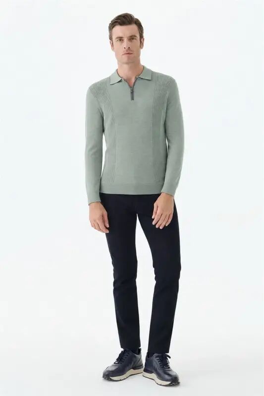 Yeşil Comfort Fit Merinos Yünlü Fermuarlı Polo Yaka Triko - Jakamen