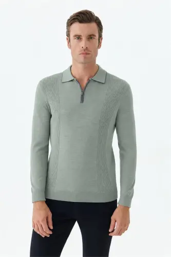 Yeşil Comfort Fit Merinos Yünlü Fermuarlı Polo Yaka Triko - Jakamen (1)