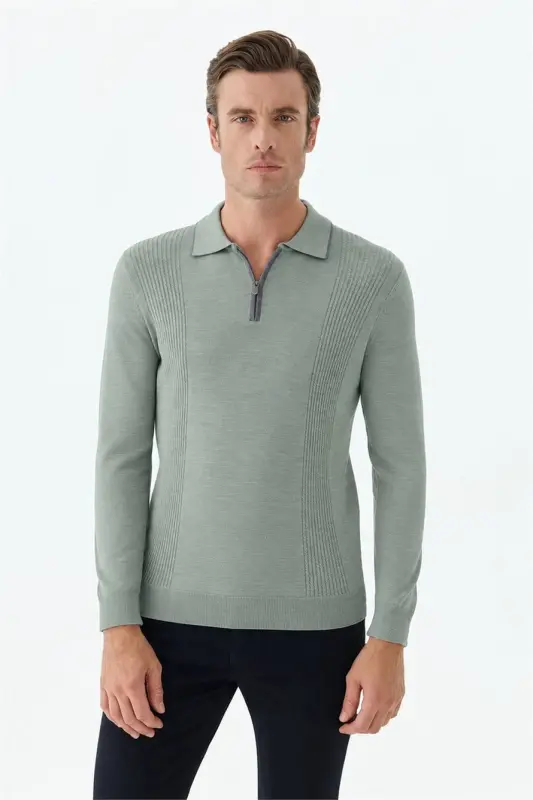 Yeşil Comfort Fit Merinos Yünlü Fermuarlı Polo Yaka Triko - 2