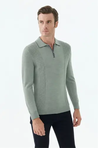 Yeşil Comfort Fit Merinos Yünlü Fermuarlı Polo Yaka Triko - 3
