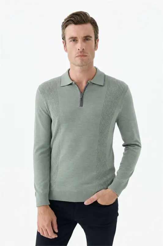 Yeşil Comfort Fit Merinos Yünlü Fermuarlı Polo Yaka Triko - 4