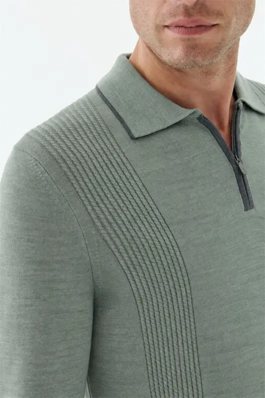 Yeşil Comfort Fit Merinos Yünlü Fermuarlı Polo Yaka Triko - 5