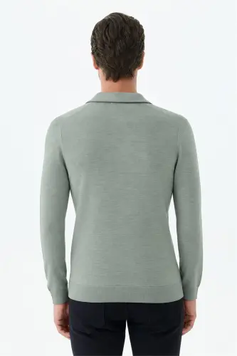Yeşil Comfort Fit Merinos Yünlü Fermuarlı Polo Yaka Triko - 6