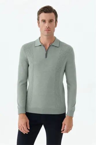 Yeşil Comfort Fit Merinos Yünlü Fermuarlı Polo Yaka Triko - Jakamen (1)