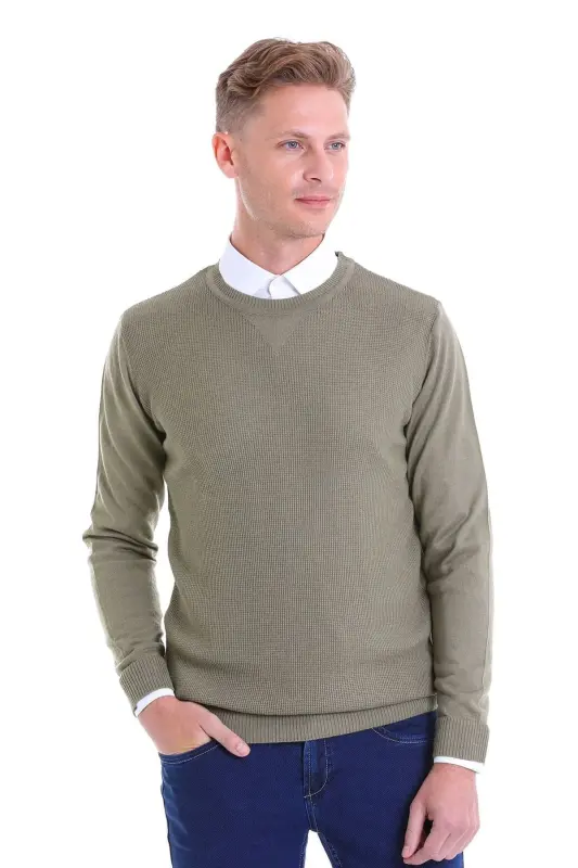 Yeşil Comfort Fit Pirinç Örgü Desenli Bisiklet Yaka Yünlü Yün Kazak-Yeşil - 2