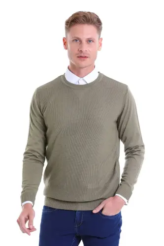 Yeşil Comfort Fit Pirinç Örgü Desenli Bisiklet Yaka Yünlü Yün Kazak-Yeşil - 3