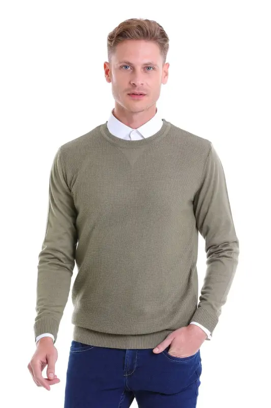 Yeşil Comfort Fit Pirinç Örgü Desenli Bisiklet Yaka Yünlü Yün Kazak-Yeşil - 3