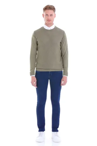 Yeşil Comfort Fit Pirinç Örgü Desenli Bisiklet Yaka Yünlü Yün Kazak-Yeşil - 4