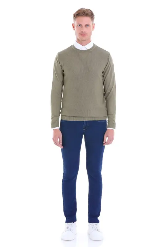 Yeşil Comfort Fit Pirinç Örgü Desenli Bisiklet Yaka Yünlü Yün Kazak-Yeşil - 4