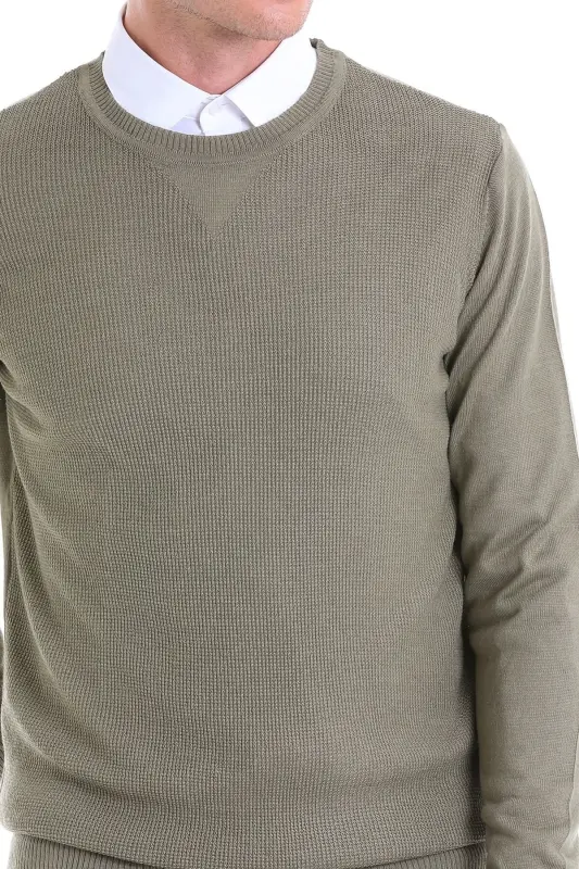 Yeşil Comfort Fit Pirinç Örgü Desenli Bisiklet Yaka Yünlü Yün Kazak-Yeşil - 5