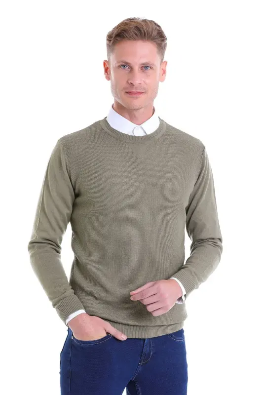 Yeşil Comfort Fit Pirinç Örgü Desenli Bisiklet Yaka Yünlü Yün Kazak-Yeşil - HATEMOĞLU