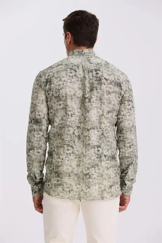 Yeşil Desenli Düğmeli Yaka Comfort Fit Gömlek - 4