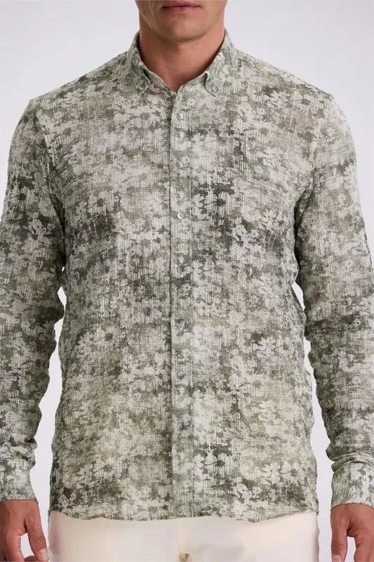Yeşil Desenli Düğmeli Yaka Comfort Fit Gömlek - 3