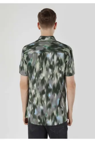 Regular Fit Shirt Neck Baskılı Erkek Yeşil Kısa Kol Gömlek - OLIVE GREEN - 2