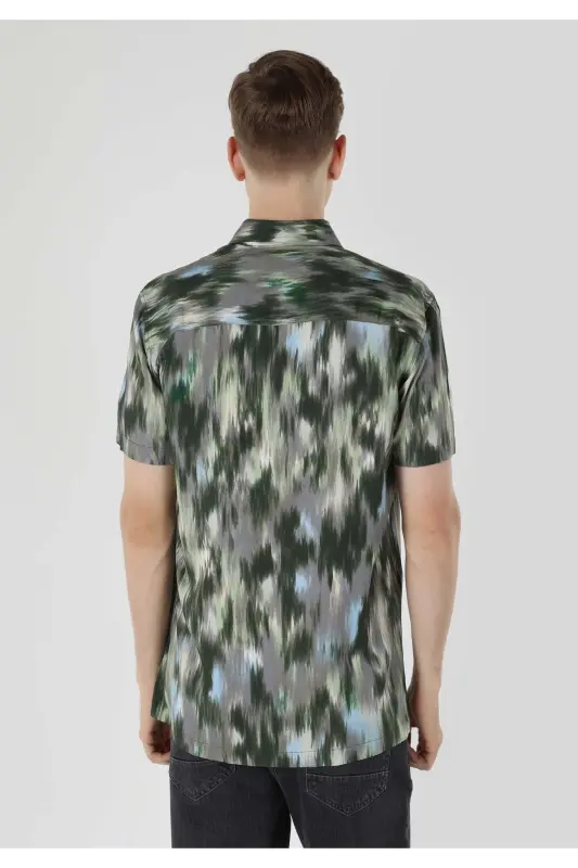 Regular Fit Shirt Neck Baskılı Erkek Yeşil Kısa Kol Gömlek - OLIVE GREEN - 2