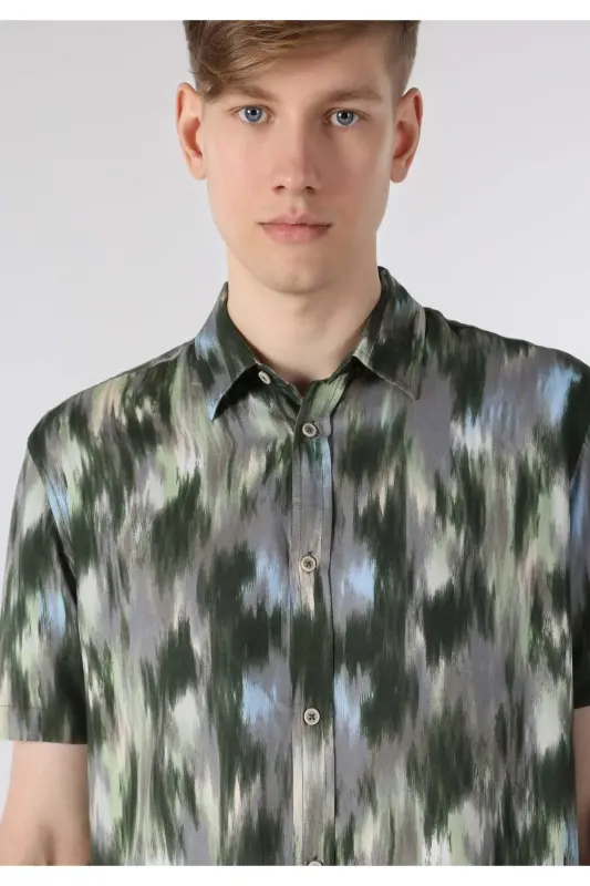 Regular Fit Shirt Neck Baskılı Erkek Yeşil Kısa Kol Gömlek - OLIVE GREEN - 5
