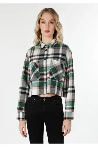 Regular Fit Shirt Neck Ekoseli Kadın Yeşil Uzun Kol Gömlek - YEŞİL - 4