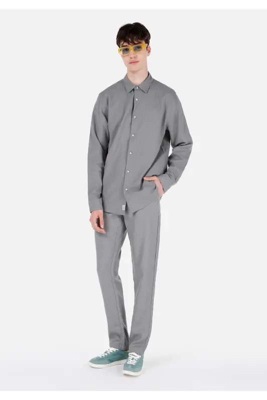 Comfort Fit Shirt Neck Düz Erkek Yeşil Cepsiz Uzun Kol Gömlek - HAKİ - 3