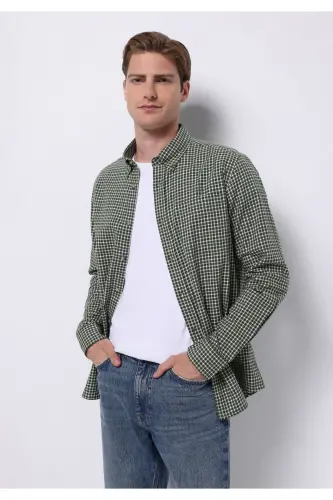 Regular Fit Shirt Neck Kareli Erkek Yeşil Uzun Kol Gömlek - HAKİ - 1