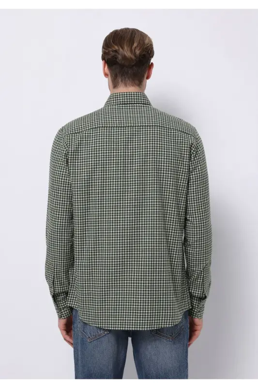 Regular Fit Shirt Neck Kareli Erkek Yeşil Uzun Kol Gömlek - HAKİ - 2