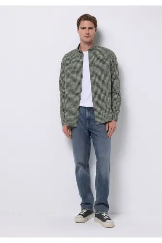 Regular Fit Shirt Neck Kareli Erkek Yeşil Uzun Kol Gömlek - HAKİ - 3