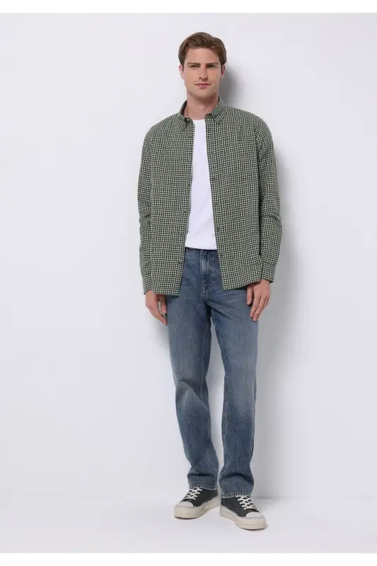Regular Fit Shirt Neck Kareli Erkek Yeşil Uzun Kol Gömlek - HAKİ - 3