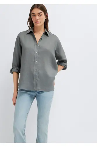 Yeşil Keten Gömlek Loose Fit / Bol Rahat Kesim 1210747-70132 - Yeşil 