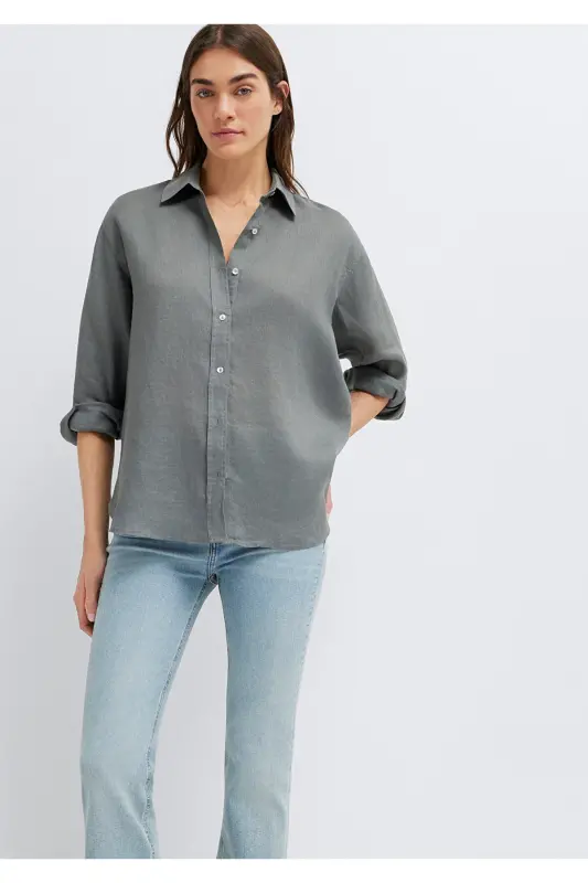 Yeşil Keten Gömlek Loose Fit / Bol Rahat Kesim 1210747-70132 - Yeşil - MAVI