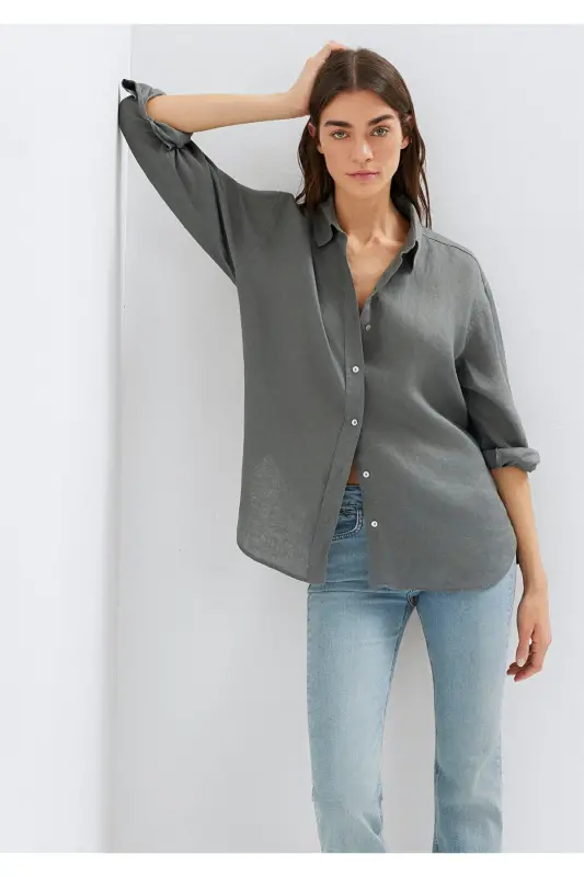 Yeşil Keten Gömlek Loose Fit / Bol Rahat Kesim 1210747-70132 - Yeşil - 2