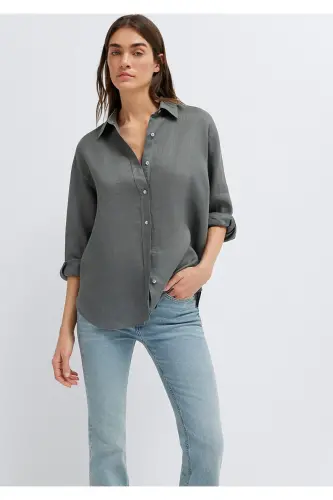 Yeşil Keten Gömlek Loose Fit / Bol Rahat Kesim 1210747-70132 - Yeşil - 3