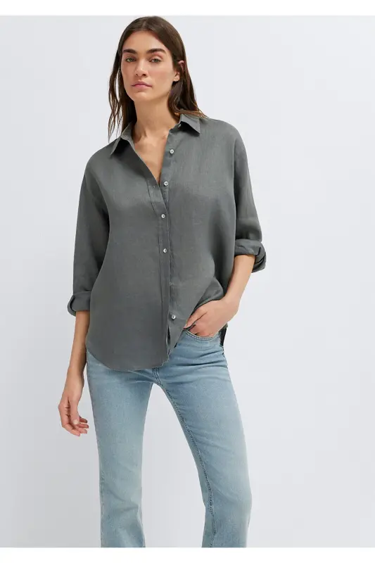 Yeşil Keten Gömlek Loose Fit / Bol Rahat Kesim 1210747-70132 - Yeşil - 3