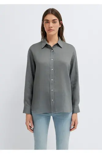 Yeşil Keten Gömlek Loose Fit / Bol Rahat Kesim 1210747-70132 - Yeşil - 4
