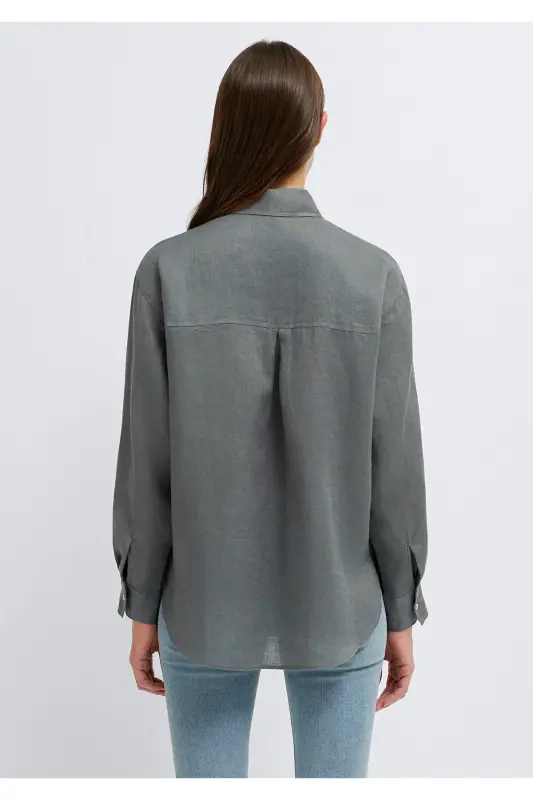 Yeşil Keten Gömlek Loose Fit / Bol Rahat Kesim 1210747-70132 - Yeşil - 6