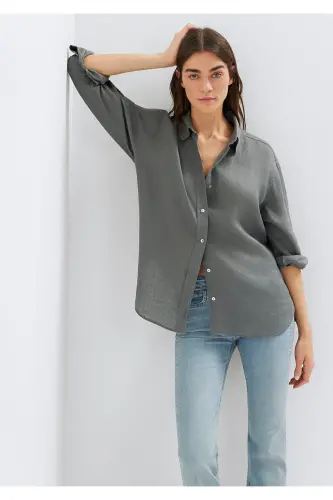 Yeşil Keten Gömlek Loose Fit / Bol Rahat Kesim 1210747-70132 - Yeşil - MAVI (1)