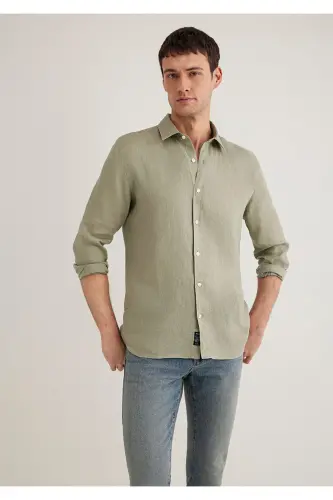 Yeşil Keten Gömlek Slim Fit / Dar Kesim 0211466-71481 - Yeşil-71481 - MAVI (1)