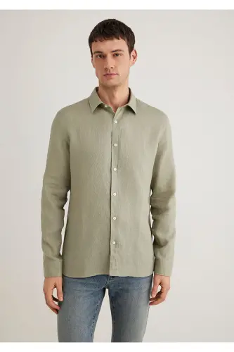 Yeşil Keten Gömlek Slim Fit / Dar Kesim 0211466-71481 - Yeşil-71481 - 4