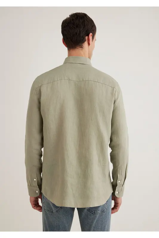 Yeşil Keten Gömlek Slim Fit / Dar Kesim 0211466-71481 - Yeşil-71481 - 5