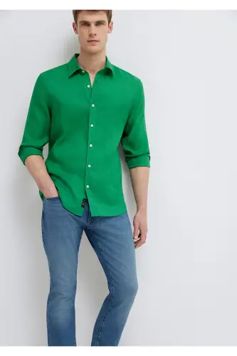 Yeşil Keten Gömlek Slim Fit / Dar Kesim 0211466-71704 - Yeşil 