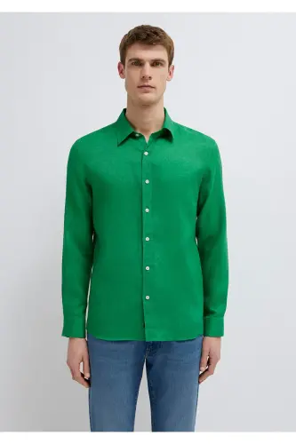 Yeşil Keten Gömlek Slim Fit / Dar Kesim 0211466-71704 - Yeşil - 3