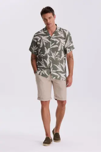 Yeşil Klasik Fit Apaş Yaka Desenli Rahat Kalıp Keten Karışımlı Kısa Kollu Gömlek - 4