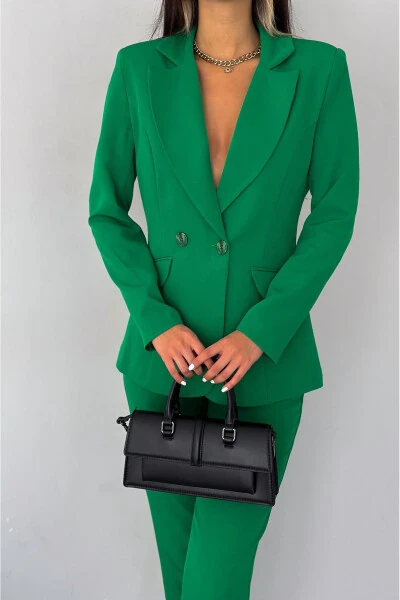 Yeşil Kruvaze Blazer Ceket Havuç Pantolon Takım Elbise-Yeşil - 2
