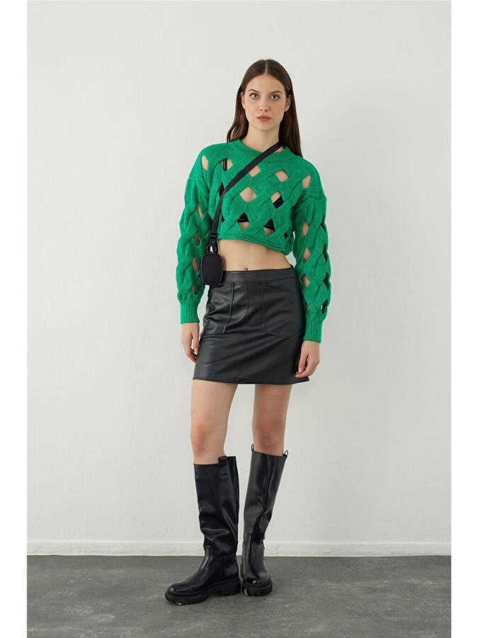 Yeşil Oversize Delikli Triko Crop Kazak-Yeşil - 5