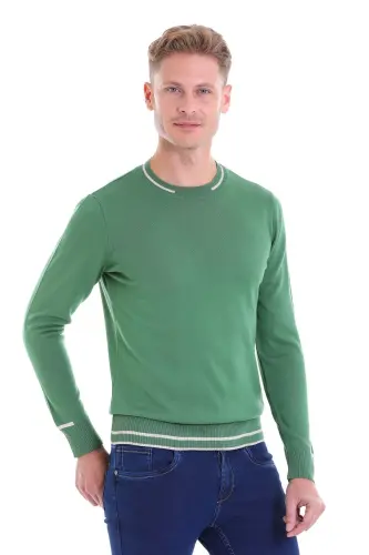 Yeşil Comfort Fit Desenli Bisiklet Yaka Yünlü Yün Kazak - Yeşil 