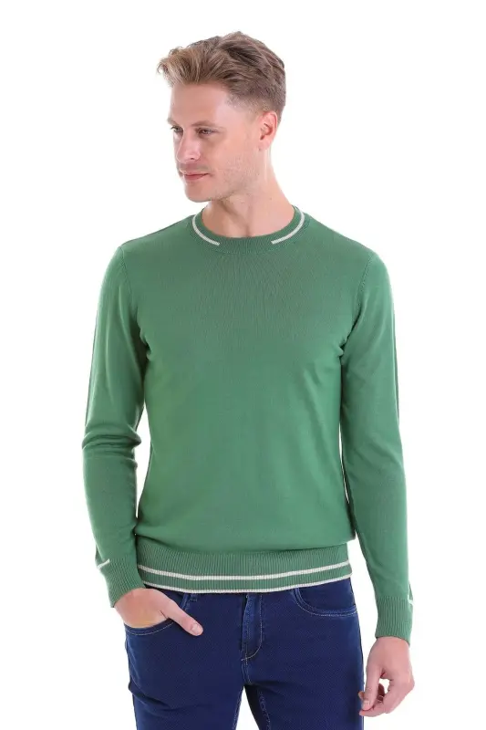 Yeşil Comfort Fit Desenli Bisiklet Yaka Yünlü Yün Kazak - Yeşil - 3