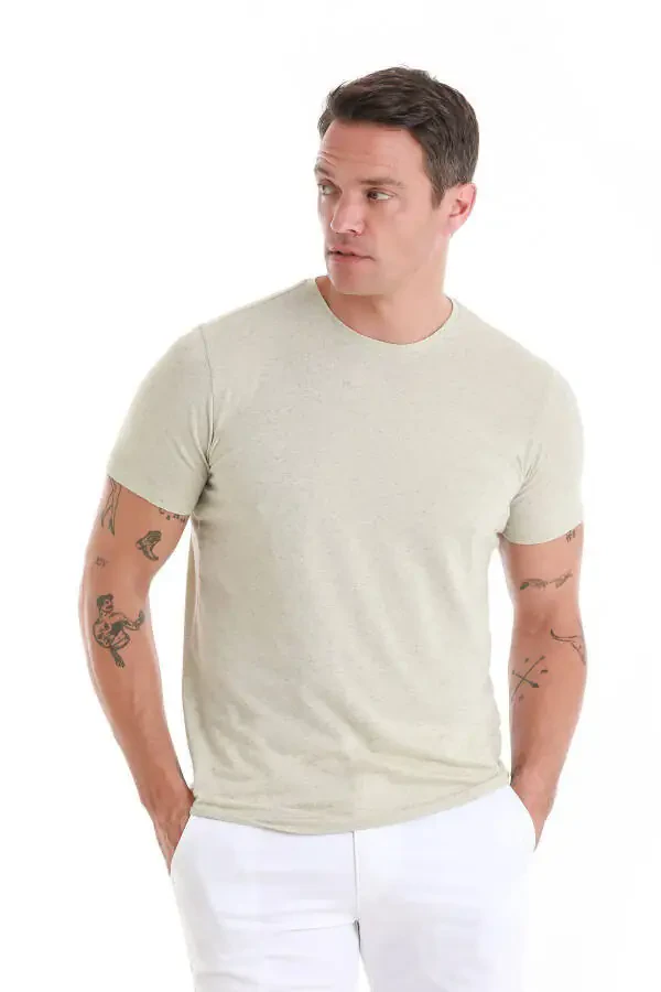 Yeşil Regular Fit Düz Bisiklet Yaka Keten Tişört-Yeşil - 3