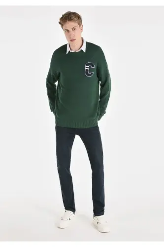 Regular Fit Baskılı Triko Yeşil Erkek Kazak - 3