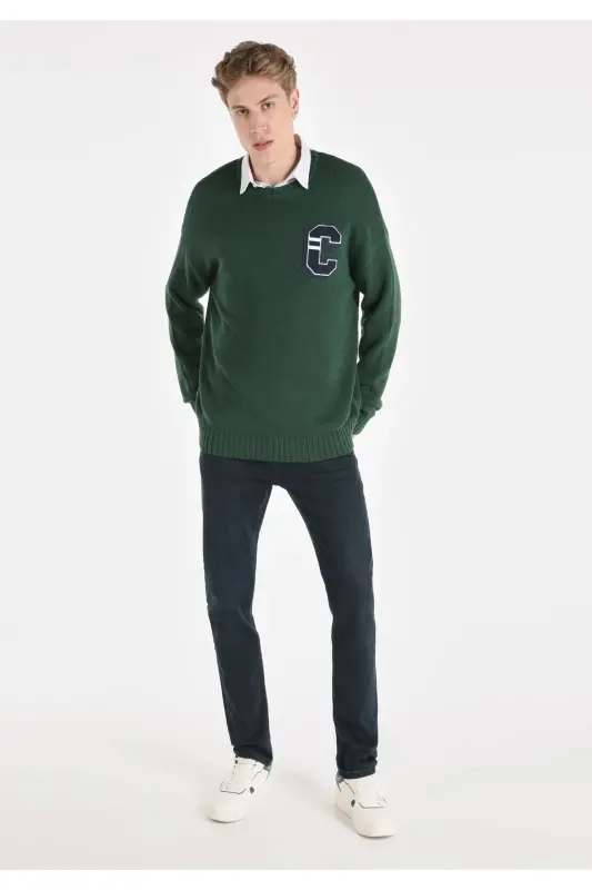 Regular Fit Baskılı Triko Yeşil Erkek Kazak - 3