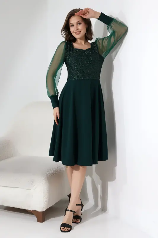 YEŞİL Simli Yuvarlak Yaka Elbise F119-YEŞİL - 2