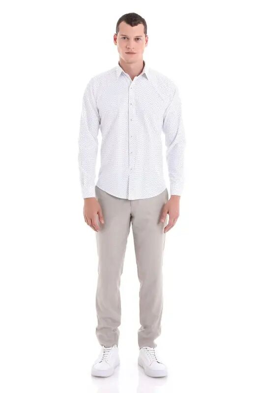 Yeşil Slim Fit Baskılı Pamuklu Uzun Kollu Klasik Gömlek - Yeşil - 2