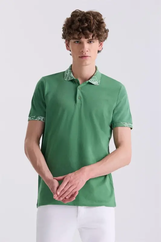 Yeşil Slim Fit Baskılı Polo Yaka T-Shirt - 1